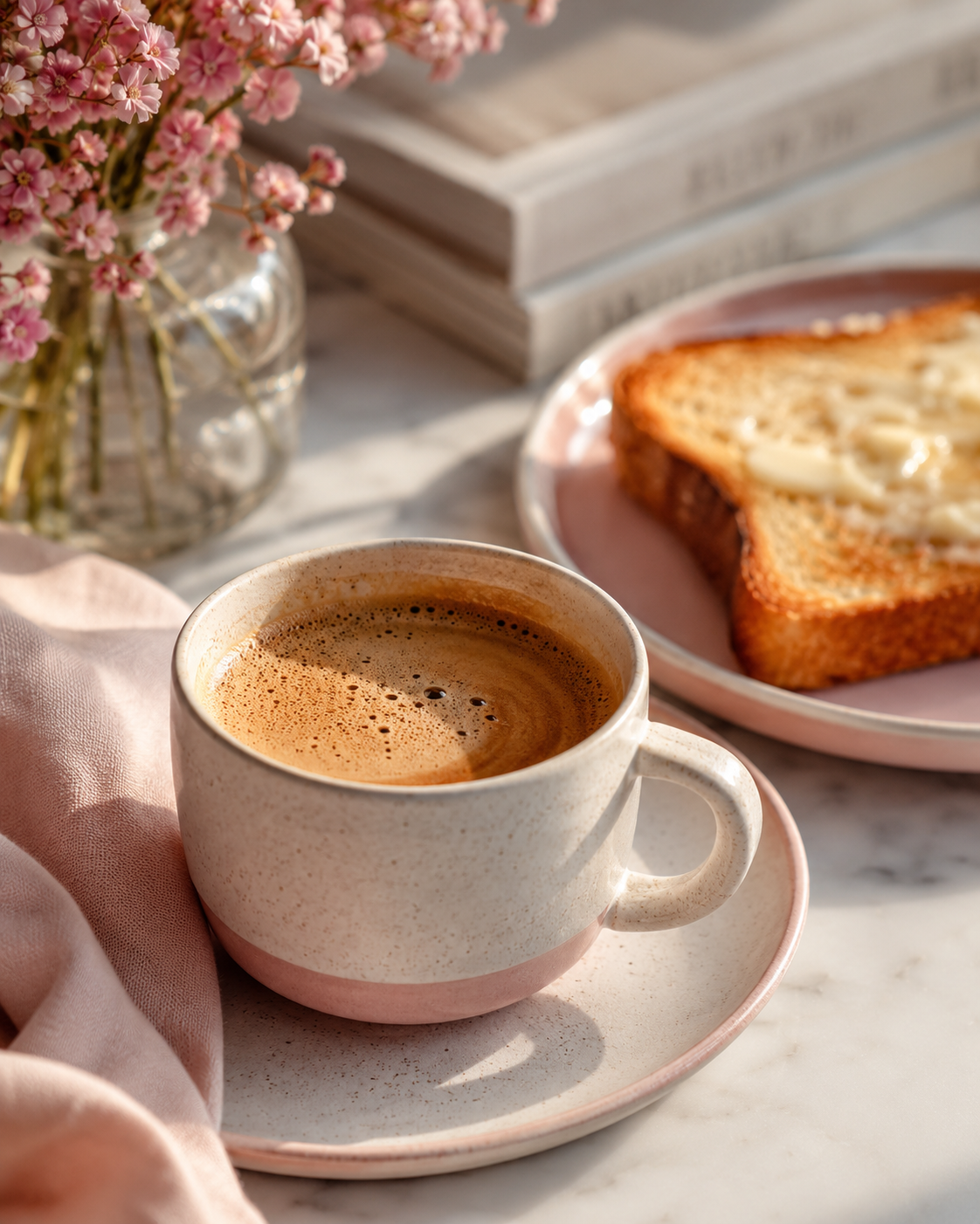 Espresso and buttered toast in morning light