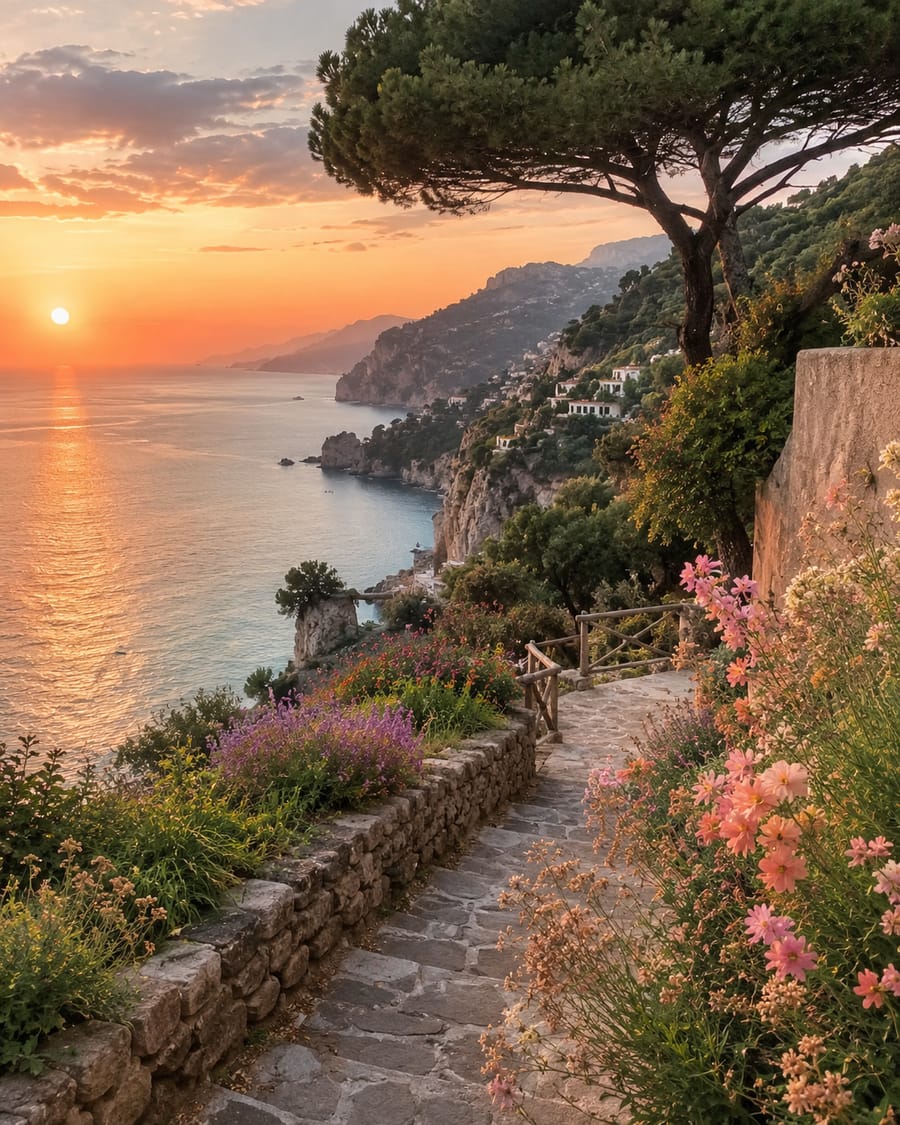 A coastal path at sunset over the sea